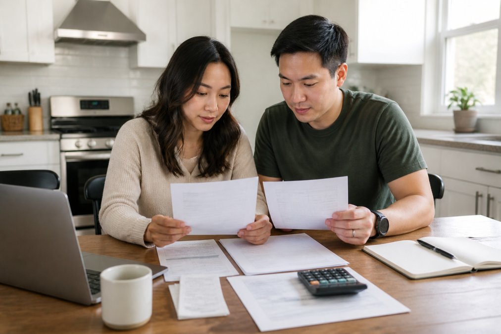Young couple reviewing mortgage pre-approval documents and financial paperwork at their kitchen table with a laptop, calculator, and coffee mug in natural morning light