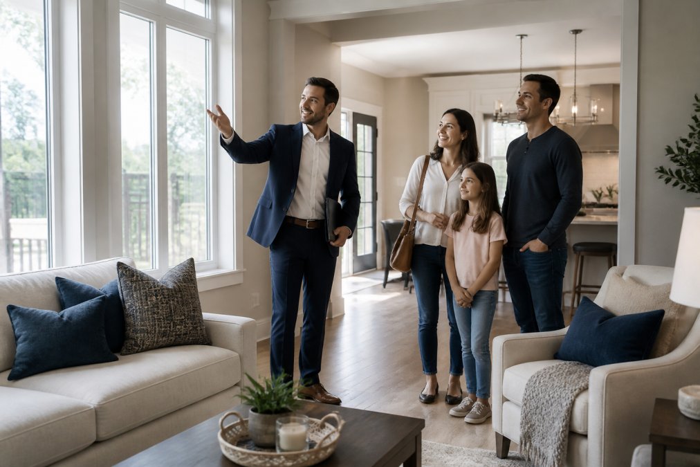 Real estate agent showing a family through a bright, well-staged living room with neutral décor, comfortable furniture, and natural light streaming through large windows