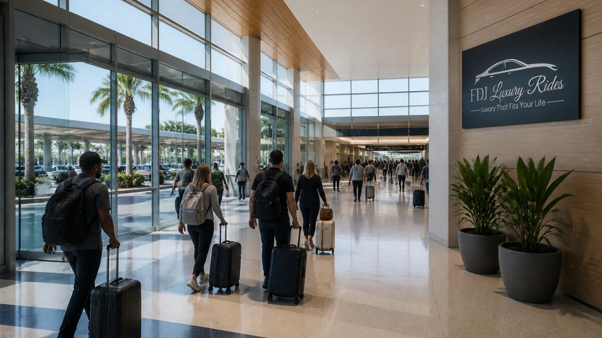 Wide view of the main terminal entrance with modern architecture, sleek signage, and arriving passengers with luggage moving through the bright, open corridor with natural light streaming through large windows