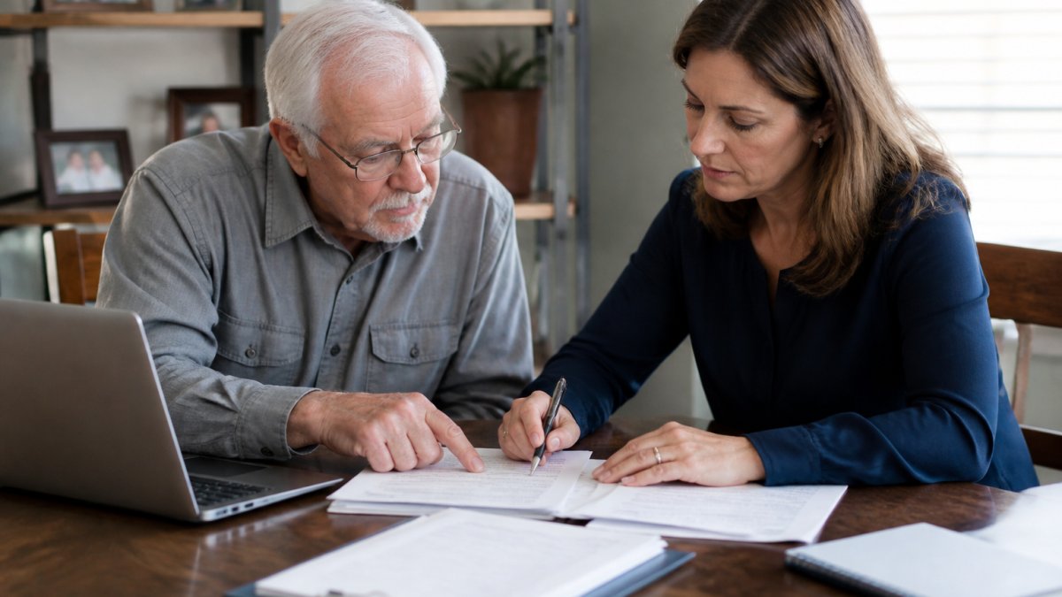 Older adult and adult child sitting at a table reviewing documents and paperwork together, with a laptop and pen visible