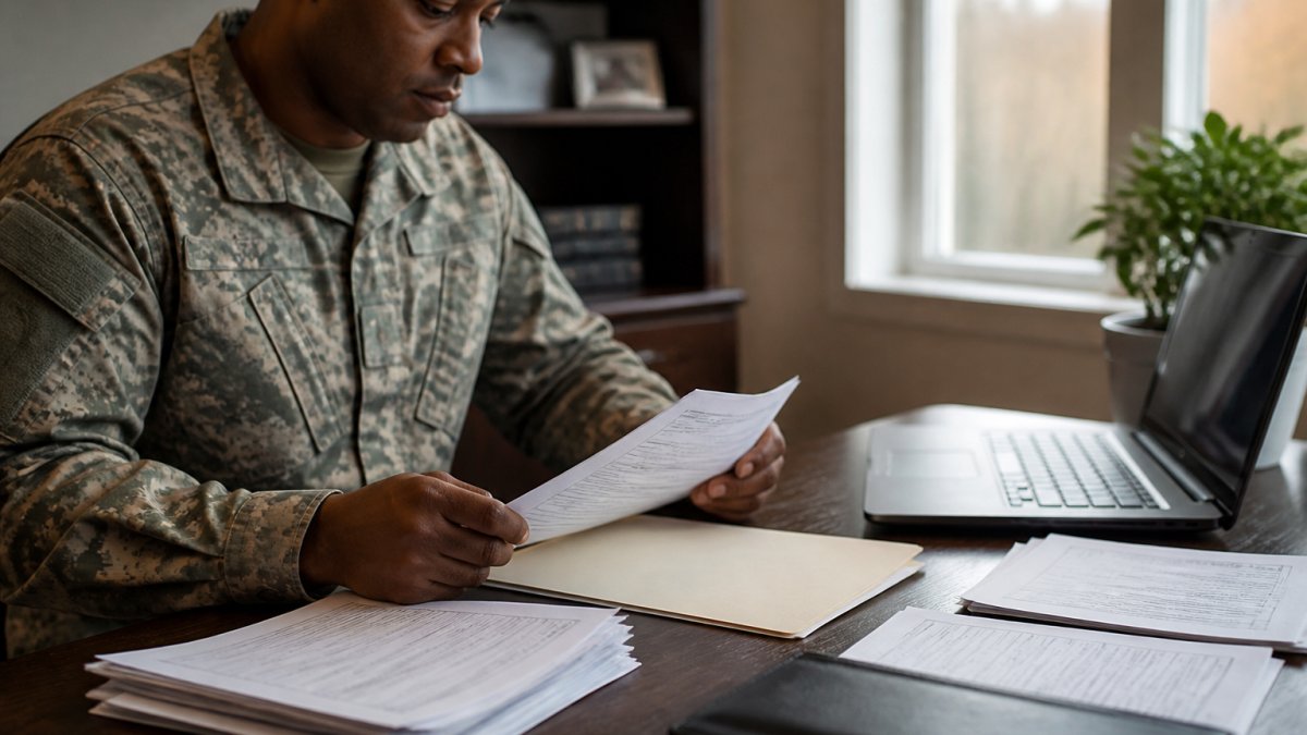 Military veteran or active-duty service member organizing financial documents, military service records, and pay stubs on a desk with a laptop and folder in natural office lighting