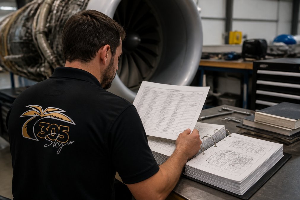 Aircraft maintenance technician reviewing Type Certificate Data Sheet documentation and technical specifications at a workbench with a computer displaying FAA certification records