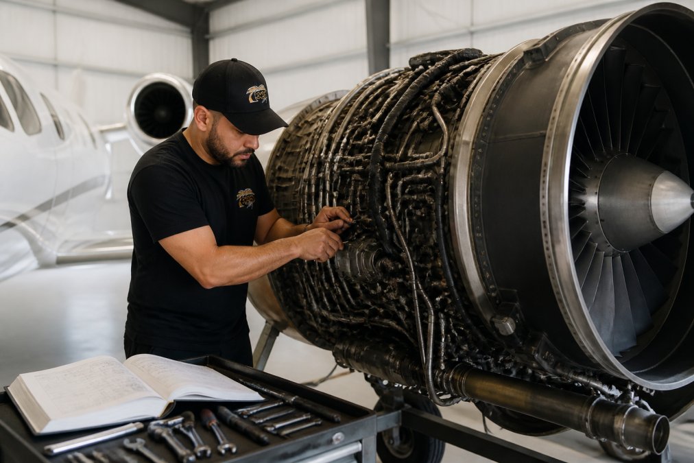 Aircraft maintenance technician performing detailed inspection on jet engine components in a well-lit hangar with specialized tools and technical manuals visible