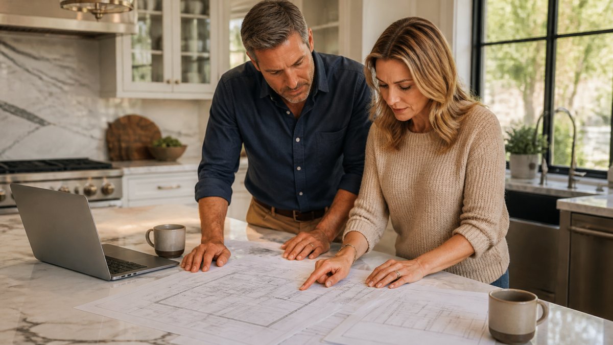 A structural engineer and homeowner reviewing blueprints spread across a kitchen island in a bright, high-end home, laptop and coffee cups nearby, afternoon light through large windows