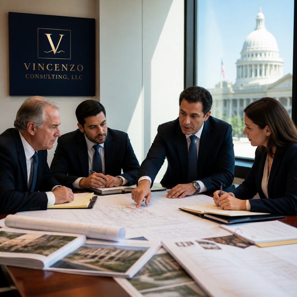 Professional team meeting in a government office with permit documents and architectural plans spread across a conference table, natural light from large windows, formal business attire
