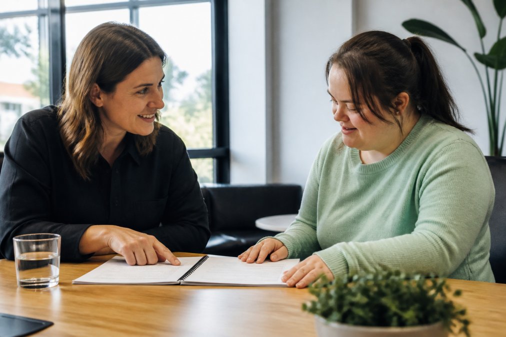 Navigating Complex NDIS Support Plans: A 2026 Guide 2 Support coordinator and participant reviewing complex NDIS support plans in a modern office meeting
