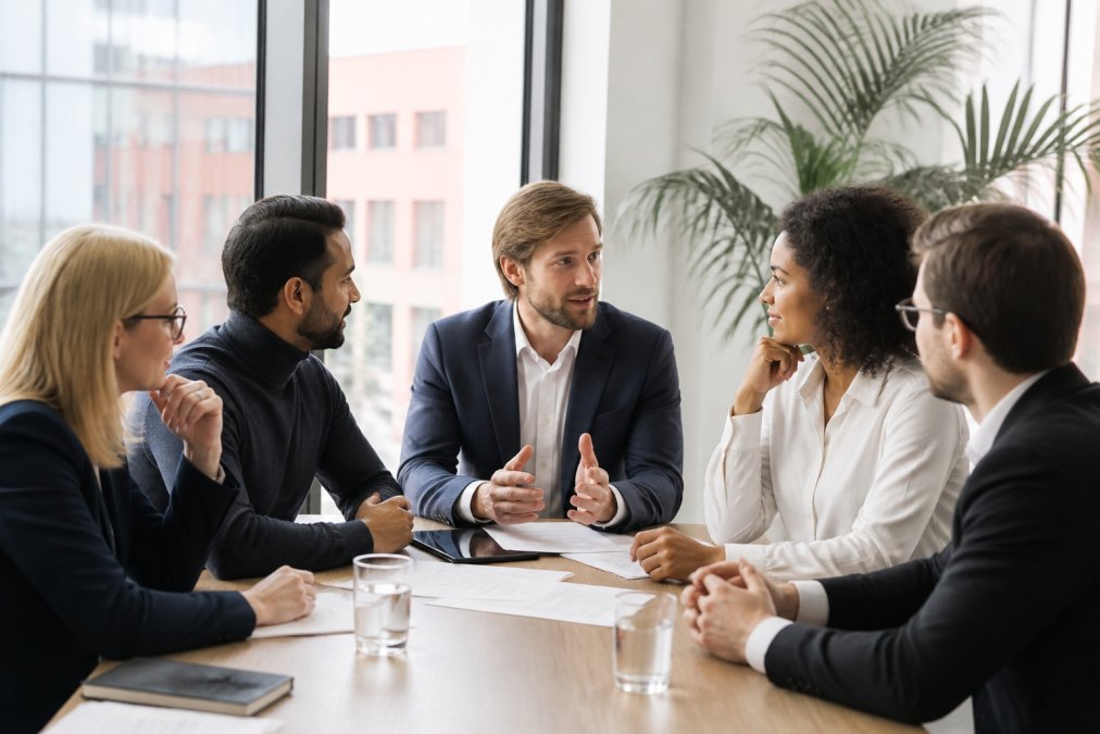Diverse business professionals from different European backgrounds engaged in collaborative discussion around a conference table in a modern, bright office setting with natural light from large windows