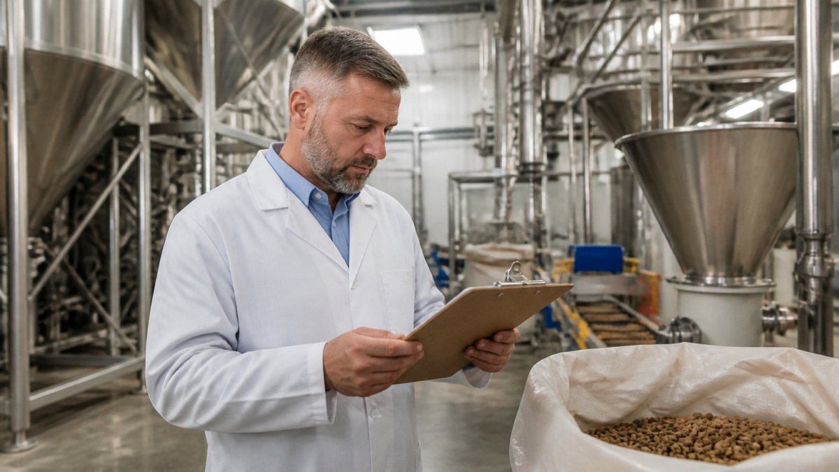 Quality assurance manager reviewing a food safety plan in a facility complying with animal food regulations