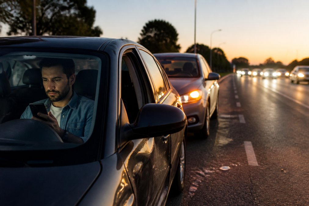 Driver sitting in a car after a minor accident, looking at a mobile phone, with hazard lights glowing and traffic passing in the soft evening light