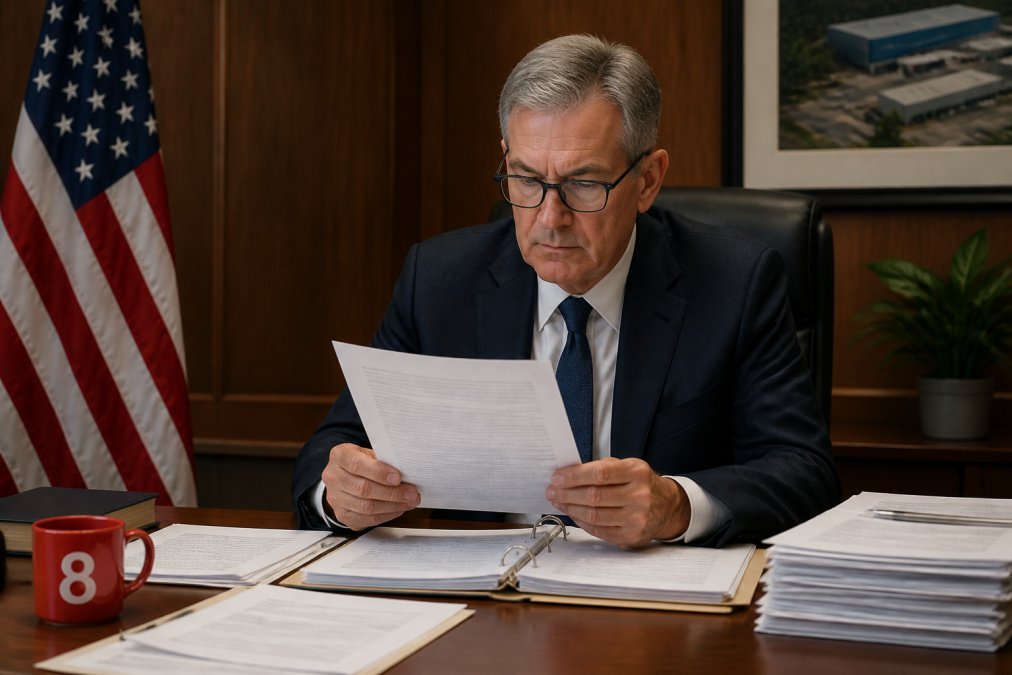 A senior compliance officer in business attire reviewing official government registration documents at a desk with a laptop and open binders in a formal office setting, with warm overhead lighting and a U.S. flag visible in the background