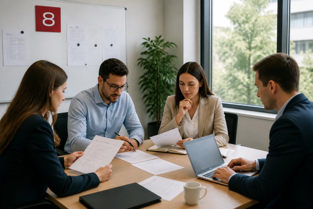 A small team of professionals gathered around a conference table reviewing printed audit checklists and open laptops, with a whiteboard showing process notes in the background and natural daylight from nearby windows