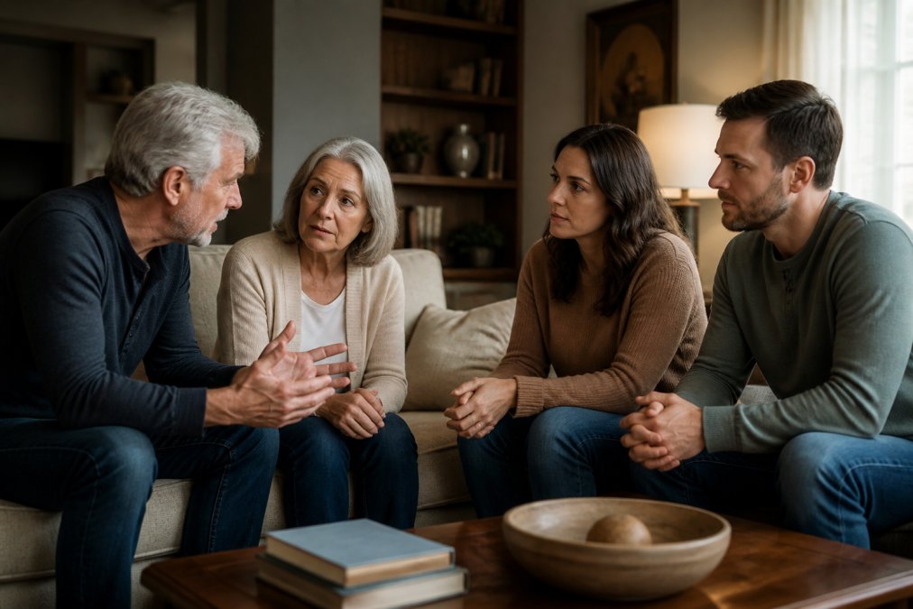 Family members sitting in a living room having a calm discussion about medical mandates for children.