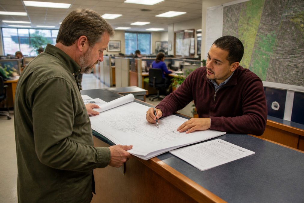 A developer reviewing site plans with a municipal planner at a counter in a city planning office, blueprints and permit forms spread across the desk under fluorescent lighting