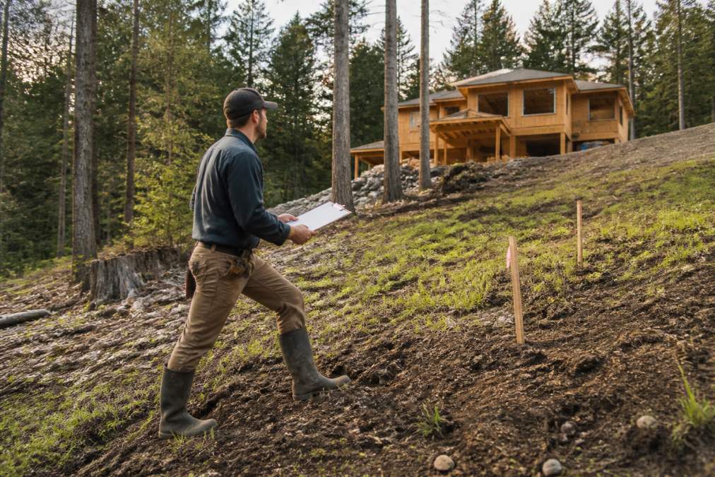 Technician inspecting a rural property to evaluate ground conditions for septic permits