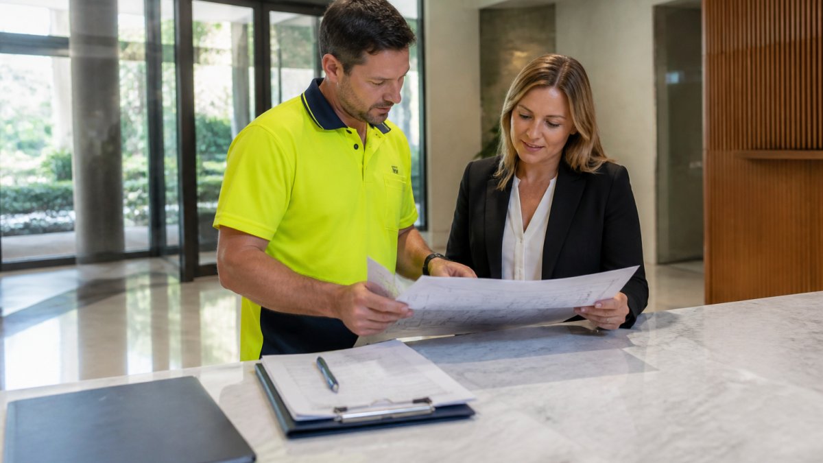A professional builder in a high-visibility shirt reviewing renovation plans with a strata manager in a bright apartment lobby, documents and clipboard on a marble counter nearby