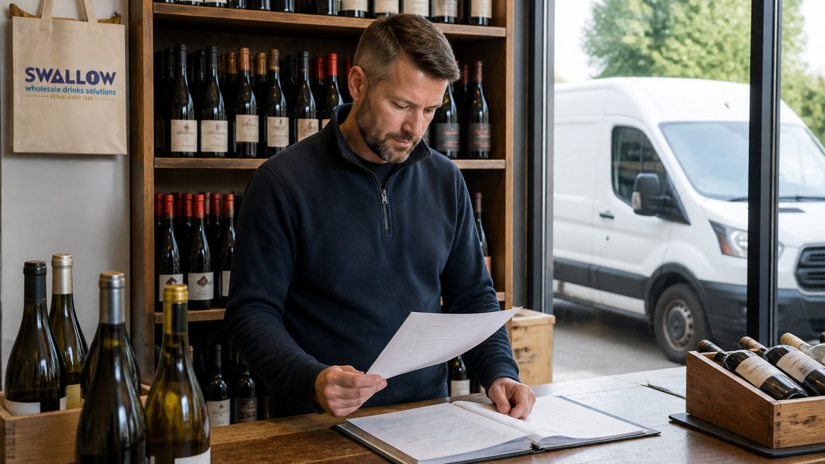 Retailer reviewing paperwork behind a shop counter with wine bottles and a delivery van outside