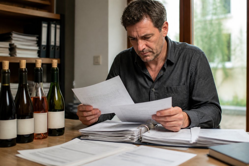 Restaurant manager reviewing import documentation and customs forms at desk with wine bottles and paperwork visible, natural office lighting
