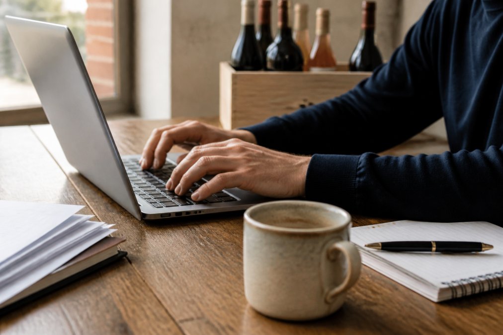 Close-up of hands typing on laptop completing online customs declaration form, coffee cup and notepad on desk, natural window lighting