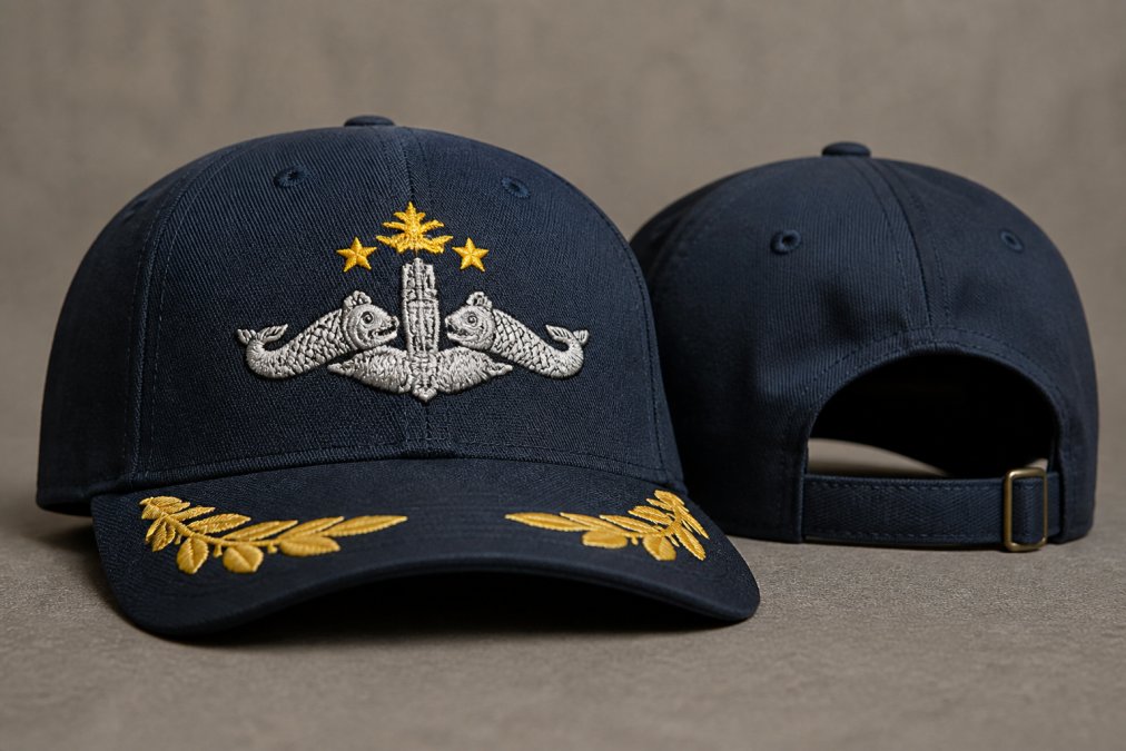 Close-up of Navy submarine service cap with embroidered dolphins and insignia details visible on the bill and crown, adjustable strap in back, displayed on neutral background with natural lighting
