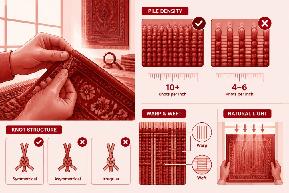 Professional hands examining rug pile density and knot structure, showing warp and weft detail against natural light in a well-lit studio setting