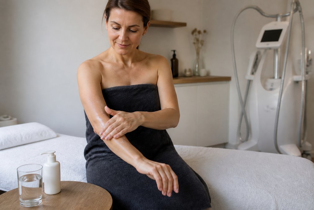 Een vrouw in een rustige behandelruimte die voorzichtig een milde bodylotion aanbrengt op haar arm, met een glas water op een tafel naast haar