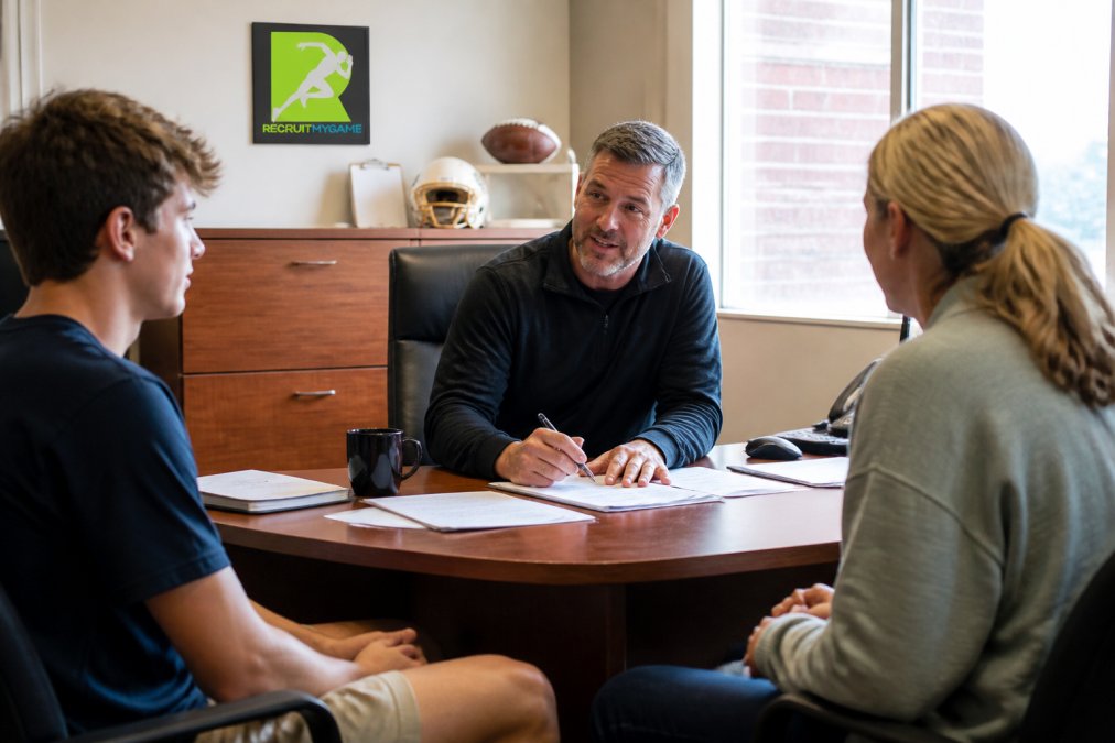 High school athlete and parent discussing division 3 financial aid with a college coach in an office.
