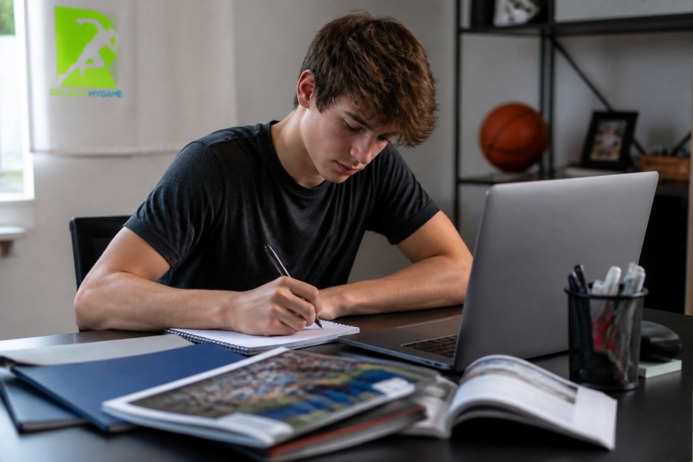 Student-athlete sitting at a desk reviewing recruiting materials and drafting an email to a college coach, with a laptop and notebook visible on the desk