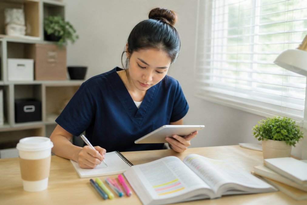 A focused nursing student reviewing notes on a tablet at a clean desk with a calendar and coffee nearby in a bright study space