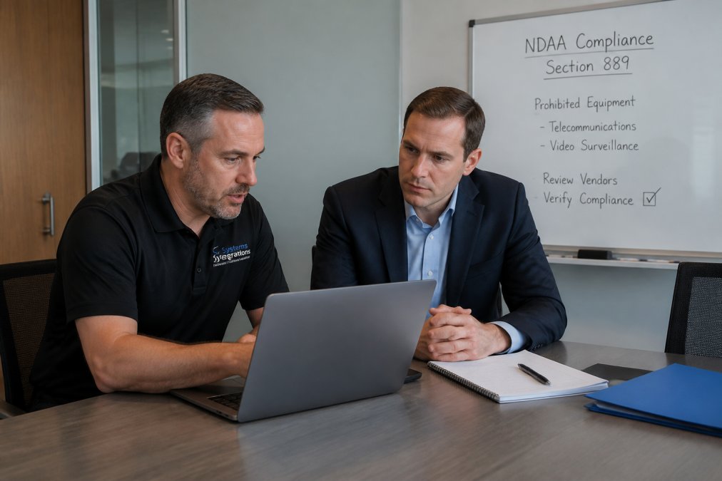 A security integrator and a government contractor reviewing a laptop with a checklist of prohibited equipment in a modern office, with a whiteboard showing compliance notes in the background