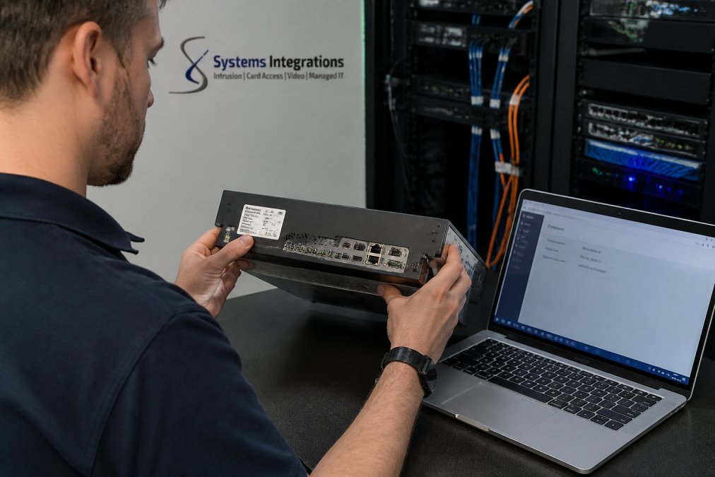 A security technician in a server room examining the label on the back of a network video recorder, with a laptop open showing a firmware version screen nearby