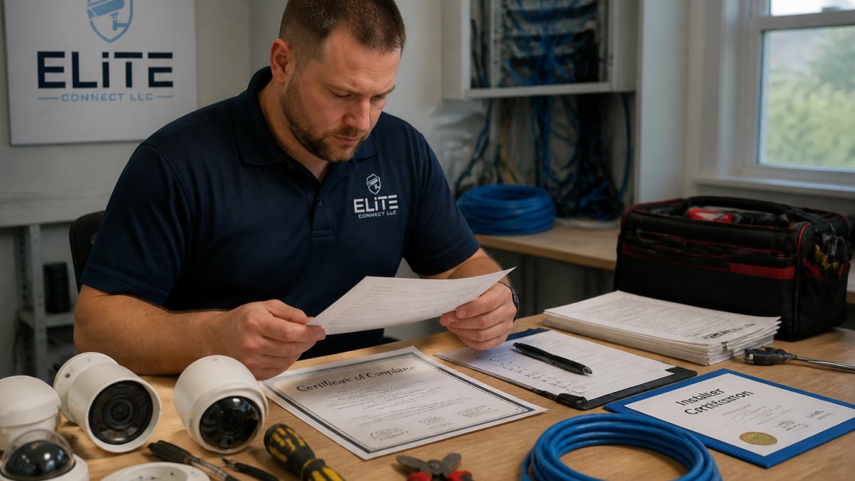 Security technician verifying equipment certification for NDAA compliant security system installers at a workstation.