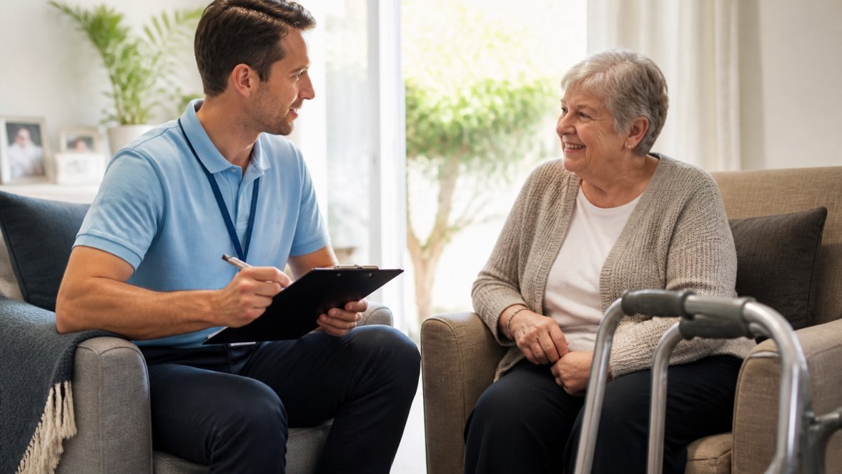 Physiotherapist consulting an older adult during a home visit wait times appointment in a bright living room.