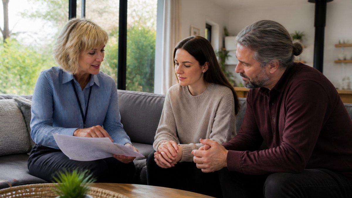 Professional support coordinator meeting with participant and family member in comfortable living room, reviewing NDIS documents together, natural daylight through windows, focused discussion