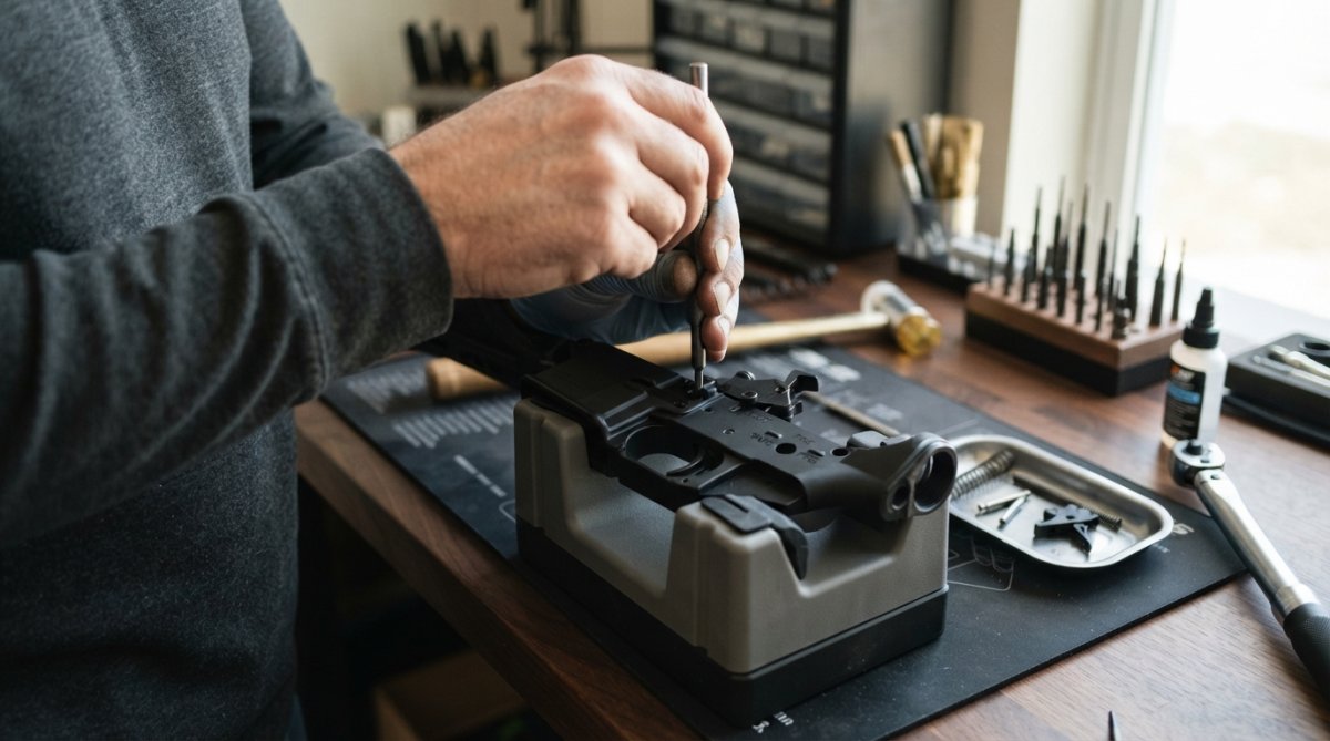Close-up of hands using precision punches to carefully remove trigger pins from a firearm frame on a clean workbench with organized tools