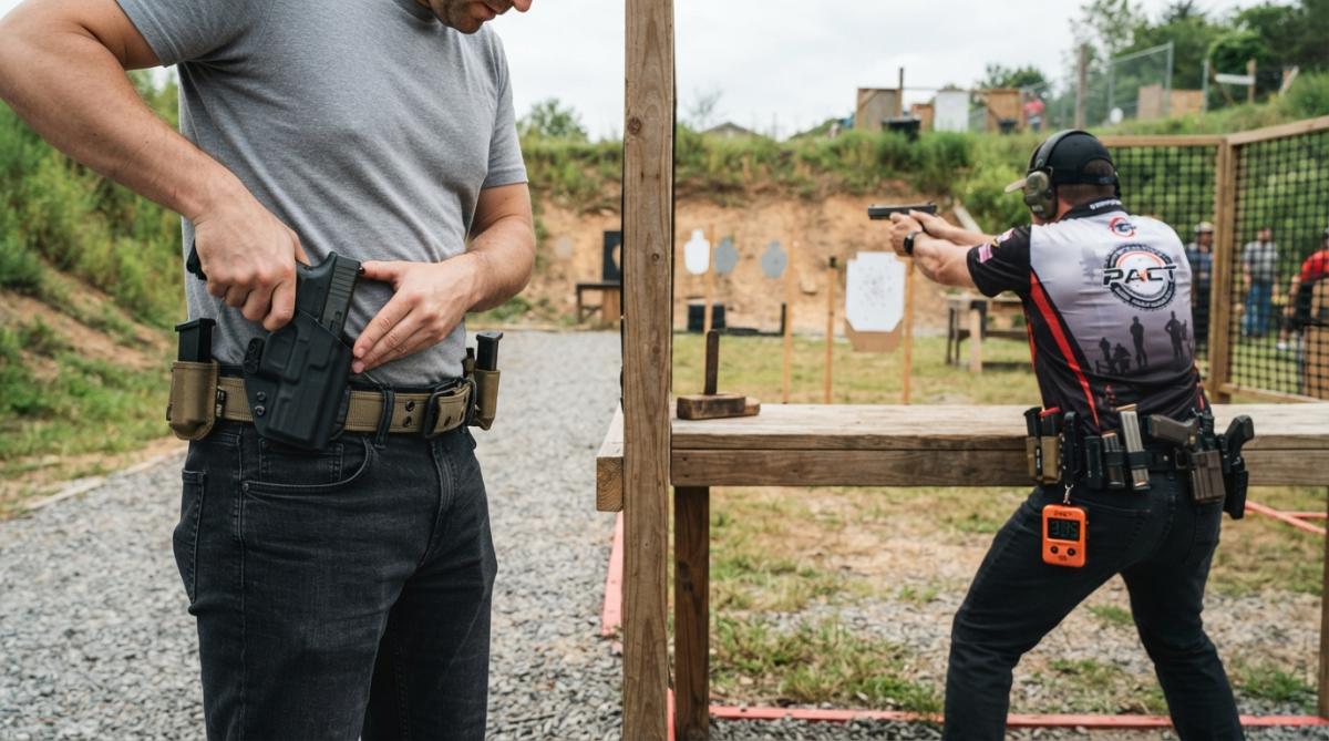 Contrasting scene showing a concealed carry holster on a belt alongside a competition shooting setup with targets and timer on a range