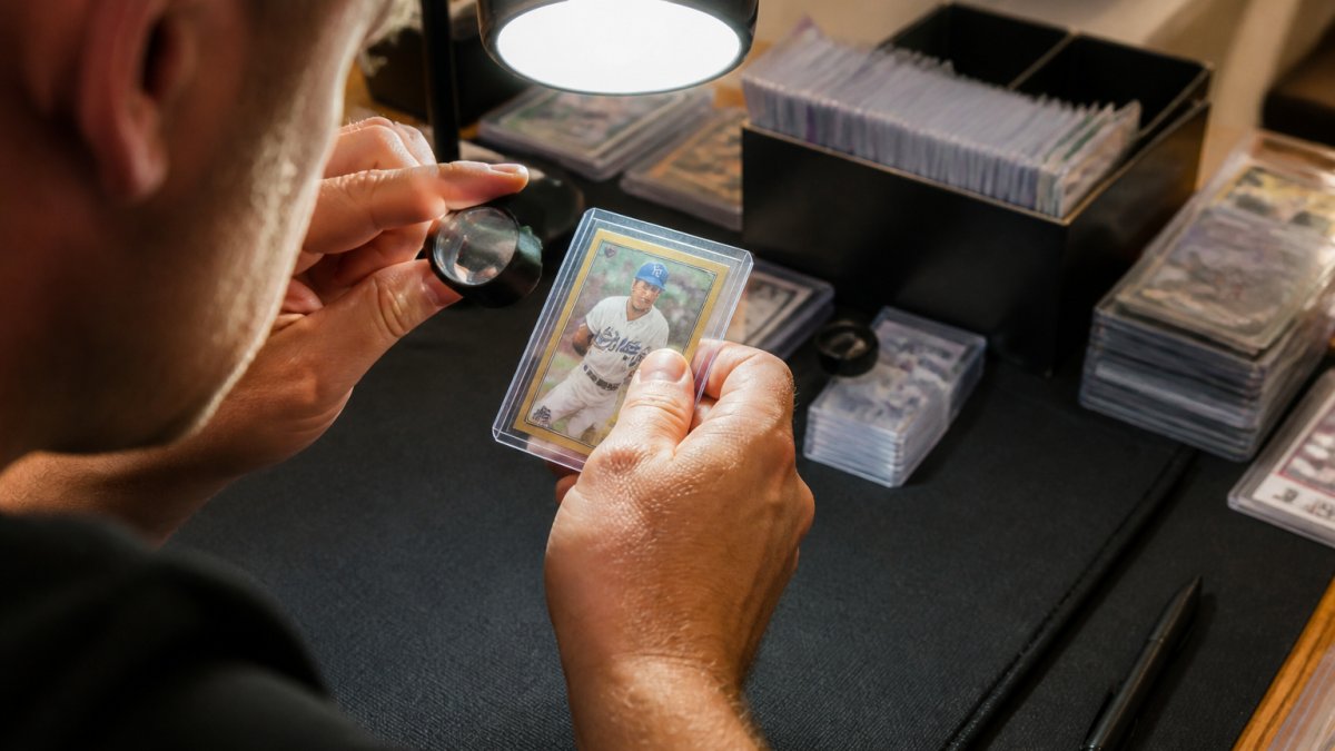 Collector using a magnifying loupe to inspect edges for near mint trading card condition under bright LED light