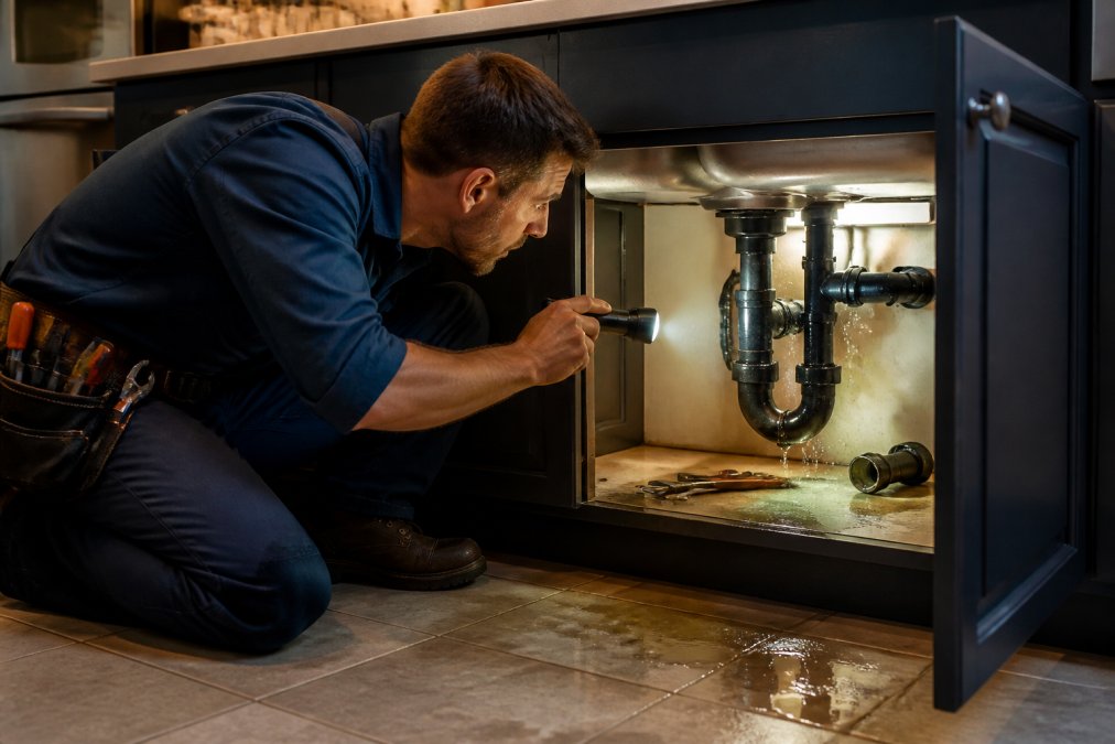 A plumber crouched under a kitchen sink with a flashlight, examining burst pipes with water pooling on the tile floor around them, work belt visible, warm under-cabinet lighting