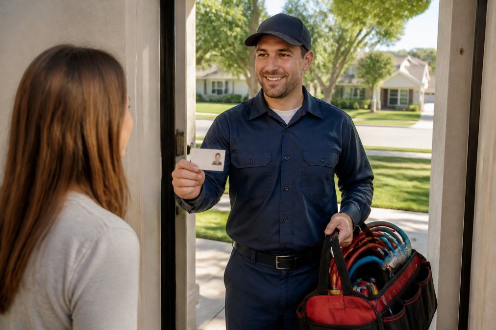 A licensed plumber in a branded uniform holding out a license card to a homeowner at the front door of a residential home, afternoon sunlight, both parties visible