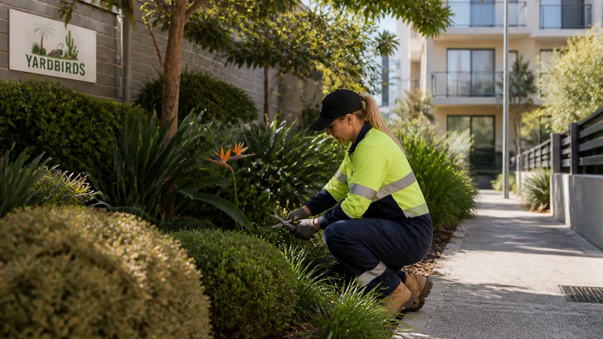 Professional gardener in high-visibility clothing working on common-property garden beds with pruning tools, residential units visible in the background, morning sunlight