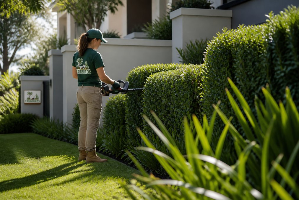Professional gardener using electric equipment to maintain a well-manicured strata common garden area with hedges and lawn visible in morning sunlight