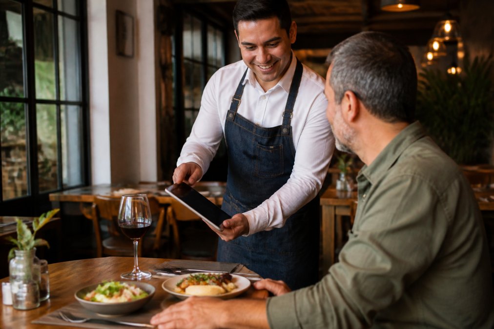 Mesero mostrando un menú digital en una tableta a un cliente en una mesa de restaurante, con platos de comida al fondo en ambiente cálido