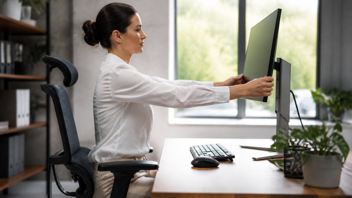 Close-up of a person adjusting their monitor height at a tidy office desk, supportive chair and keyboard in view, soft natural window light