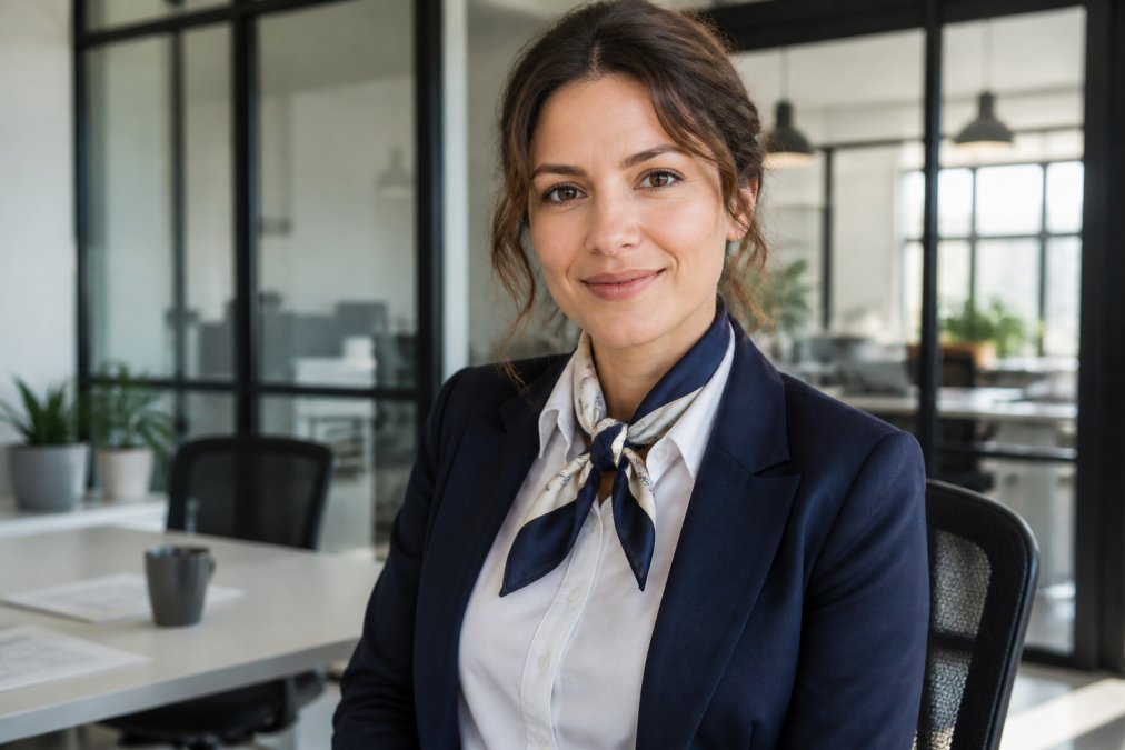 Professional woman in a white shirt and navy blazer wearing a silk neck scarf tied in a classic knot in an office