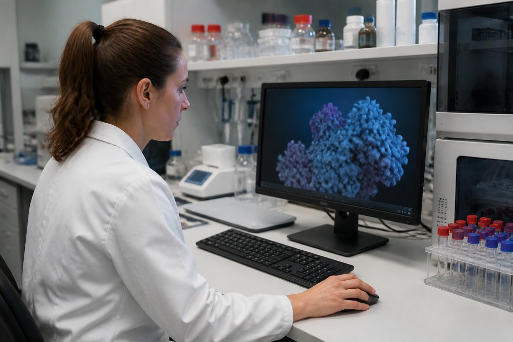 Onderzoeker in laboratoriumjas werkend aan computerscherm met kleurrijke moleculaire structuren en eiwitmodellen, met laboratoriumapparatuur op de achtergrond
