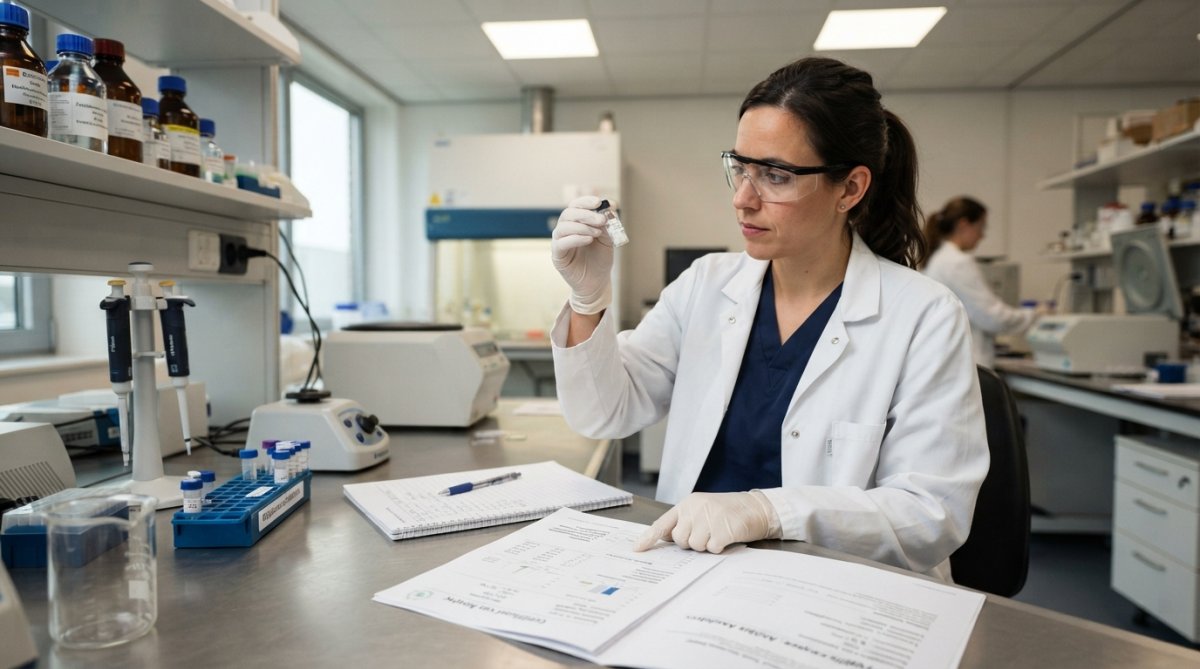 Onderzoeker in laboratorium die peptidemonsters en HPLC-certificaten inspecteert met aandacht voor detail, onder heldere laboratoriumverlichting