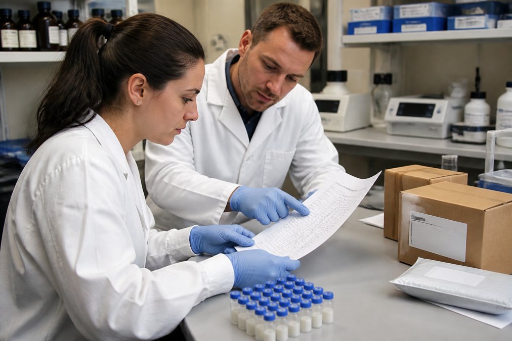 Professionele laboratoriumverpakking met discrete verzendingsetiketten, peptide-flessen, certificaten van analyse en documentatie zichtbaar op een werkblad