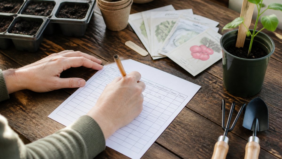 Gardener filling out garden tracking templates with seed packets and seedlings on a wooden table