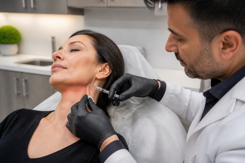 Professional physician administering precise botulinum toxin injection along the jawline and lateral neck area of a patient in a modern clinical setting, showing proper injection technique and anatomical focus