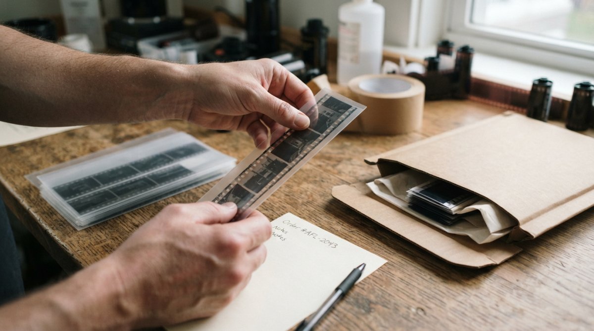 Close-up of hands carefully placing a negative strip in an archival sleeve on a wooden table, beside a sturdy cardboard envelope and an order-number note.