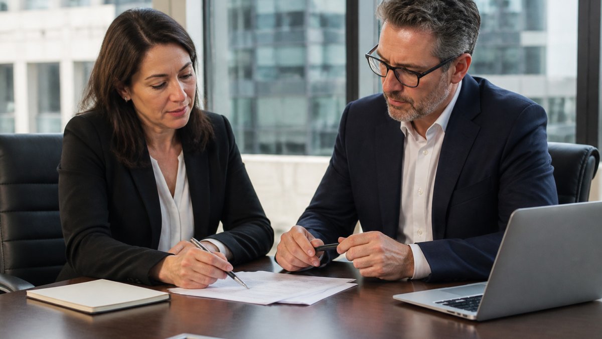 Two financial professionals in business attire sitting at a conference table reviewing contract documents and discussing terms, with a laptop and notepad visible, natural office lighting